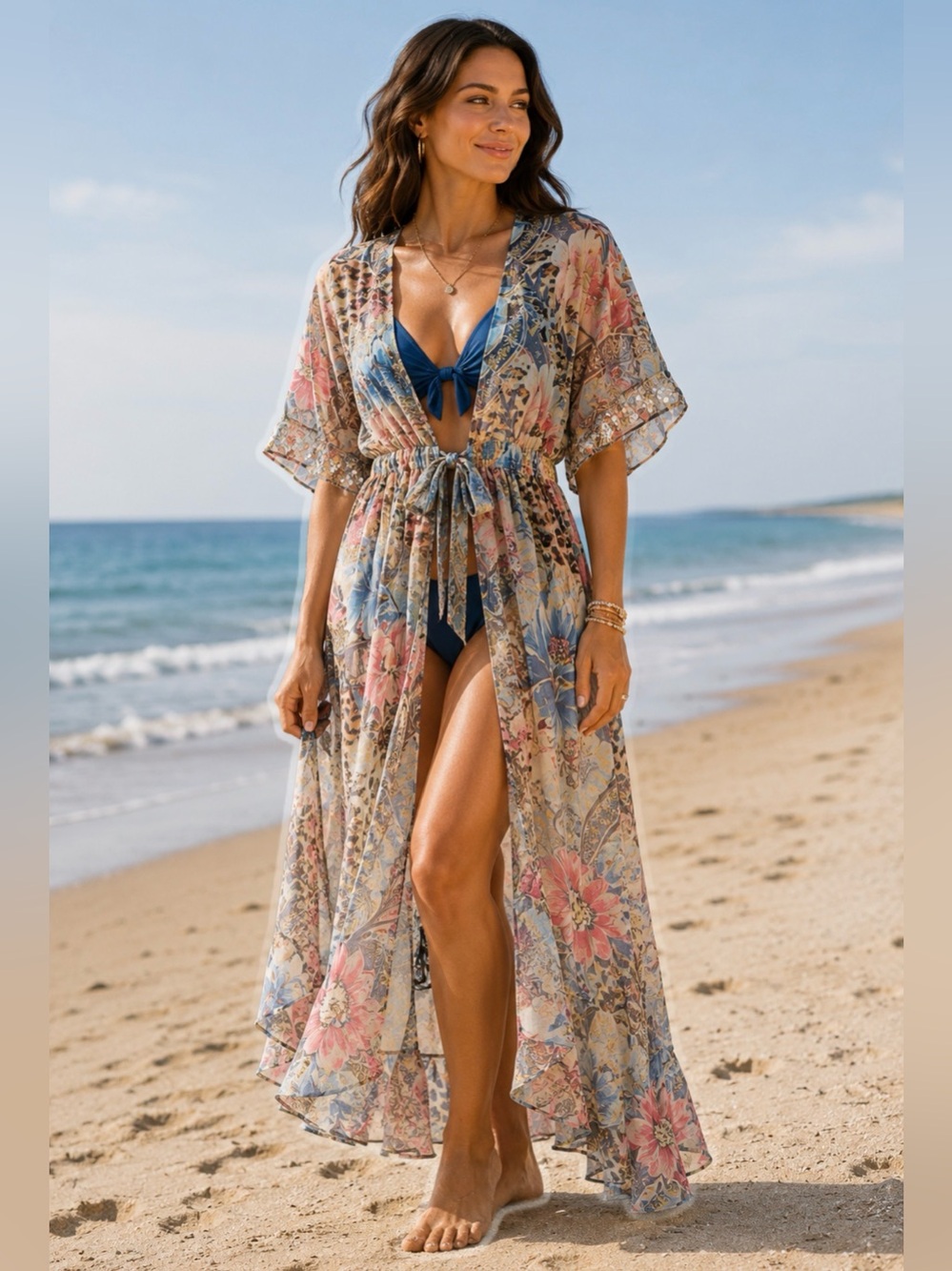 Women’s Floral Kimono Beach Cover Up Sequin Sleeves Tie Waist NWOT Boho - Picture 5 of 5